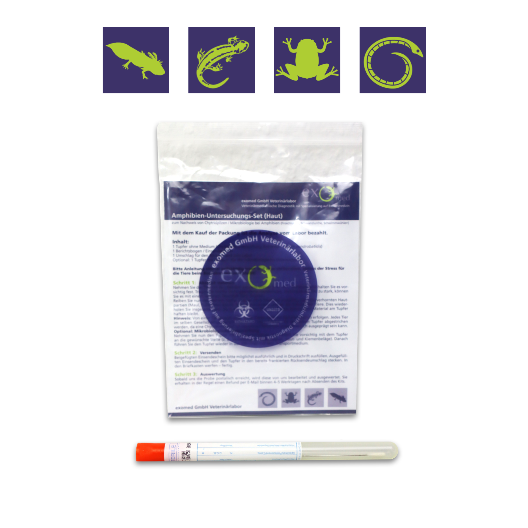 Einfache Kotuntersuchung beim Haustier von zu Hause aus mit exomed: Das Set enthält alles, was Sie für die Probenentnahme benötigen: Das notwendige Zubehör sowie eine ausführliche Anleitung, wie und wann eine Untersuchung gemacht werden sollte.