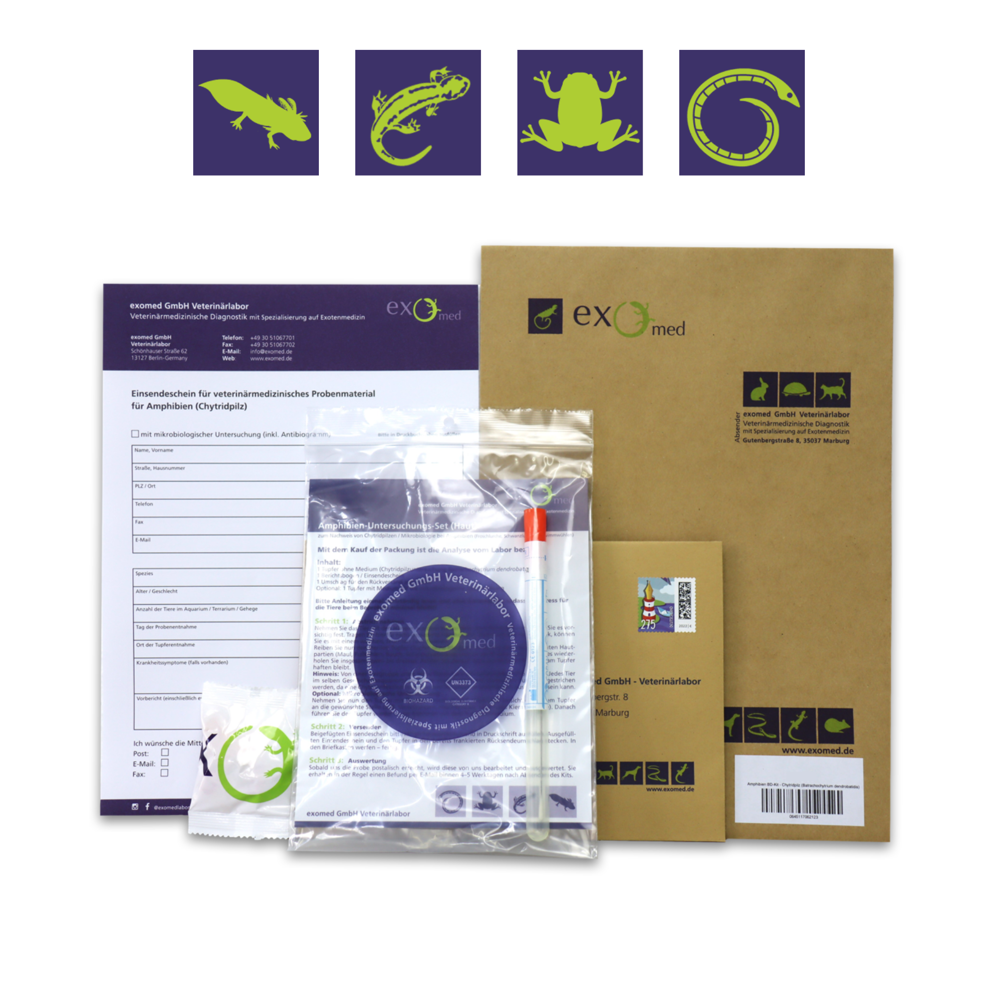 Einfache Kotuntersuchung beim Haustier von zu Hause aus mit exomed: Das Set enthält alles, was Sie für die Probenentnahme benötigen: Das notwendige Zubehör sowie eine ausführliche Anleitung, wie und wann eine Untersuchung gemacht werden sollte.