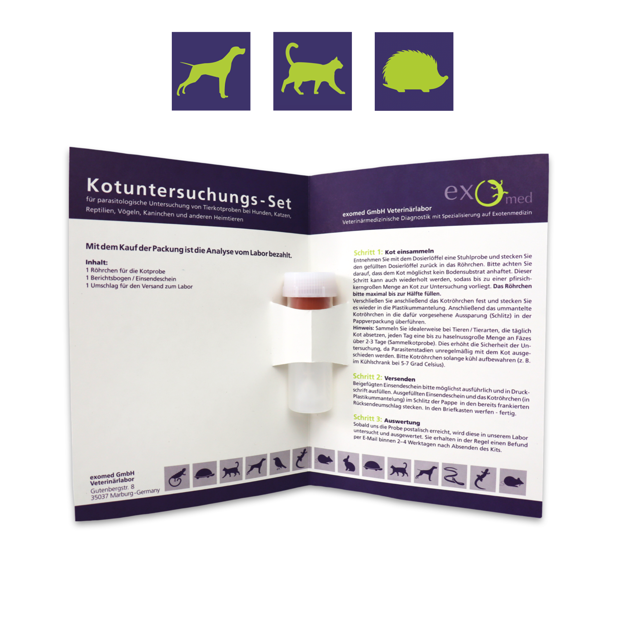 Einfache Kotuntersuchung beim Haustier von zu Hause aus mit exomed: Das Set enthält alles, was Sie für die Probenentnahme benötigen: Das notwendige Zubehör sowie eine ausführliche Anleitung, wie und wann eine Untersuchung gemacht werden sollte.