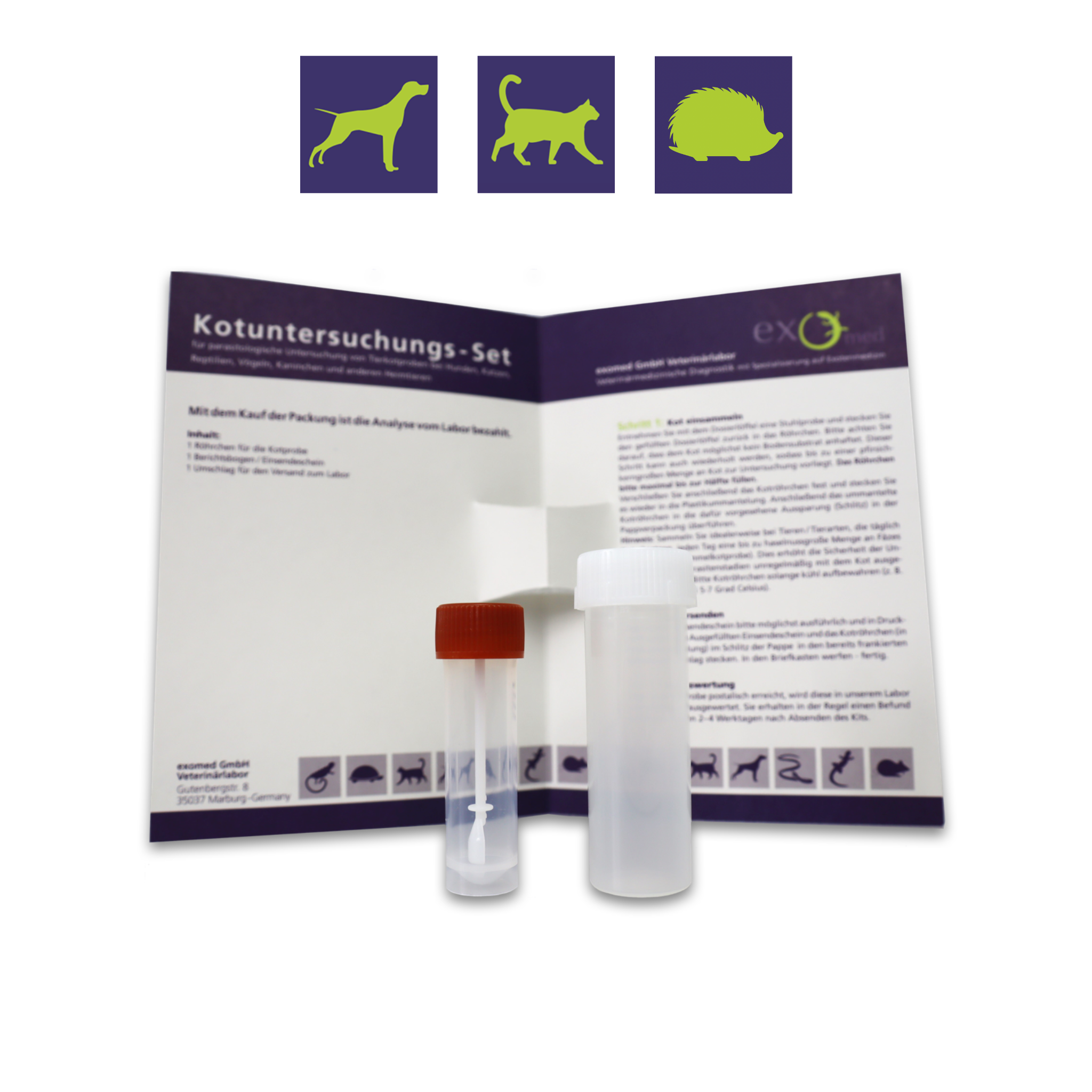 Einfache Kotuntersuchung beim Haustier von zu Hause aus mit exomed: Das Set enthält alles, was Sie für die Probenentnahme benötigen: Das notwendige Zubehör sowie eine ausführliche Anleitung, wie und wann eine Untersuchung gemacht werden sollte.