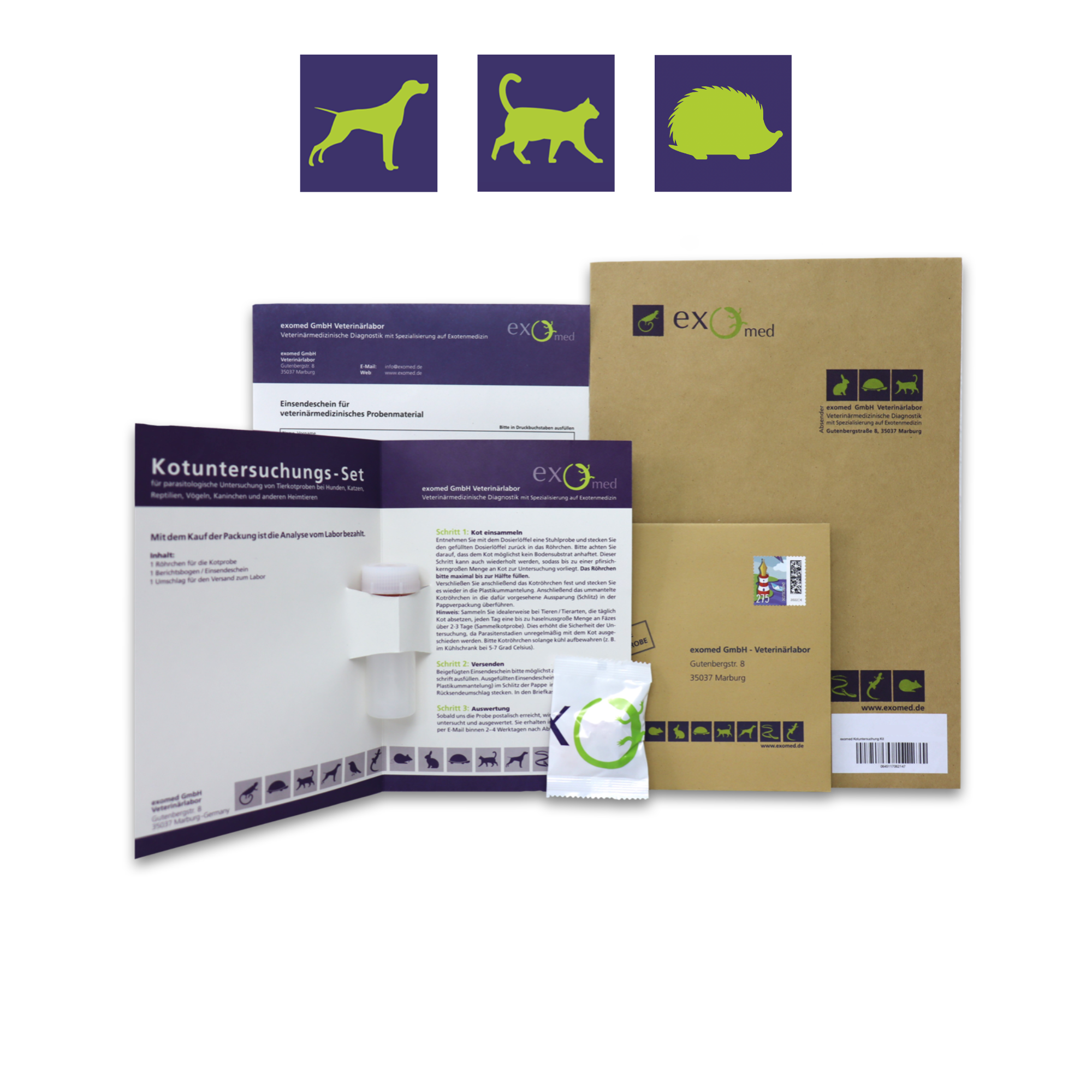 Einfache Kotuntersuchung beim Haustier von zu Hause aus mit exomed: Das Set enthält alles, was Sie für die Probenentnahme benötigen: Das notwendige Zubehör sowie eine ausführliche Anleitung, wie und wann eine Untersuchung gemacht werden sollte.