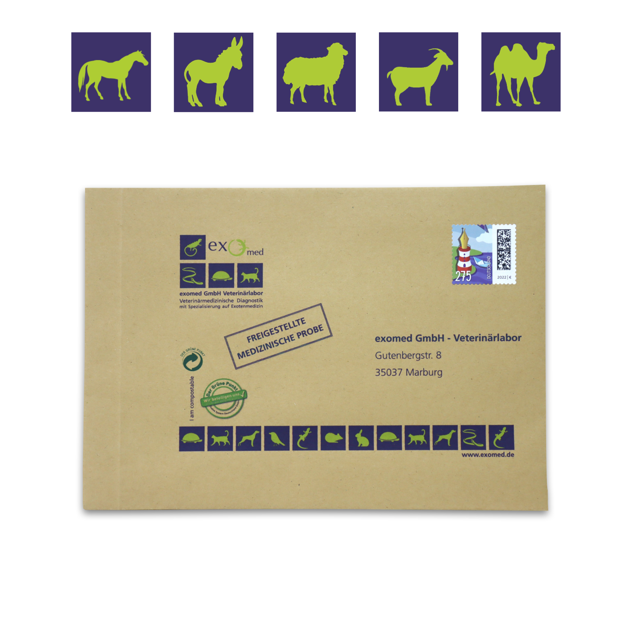 exomed Kotuntersuchung Testkit für Großtiere zur Parasitenüberprüfung, zeigt das Testkit und Rücksendungskomponenten.