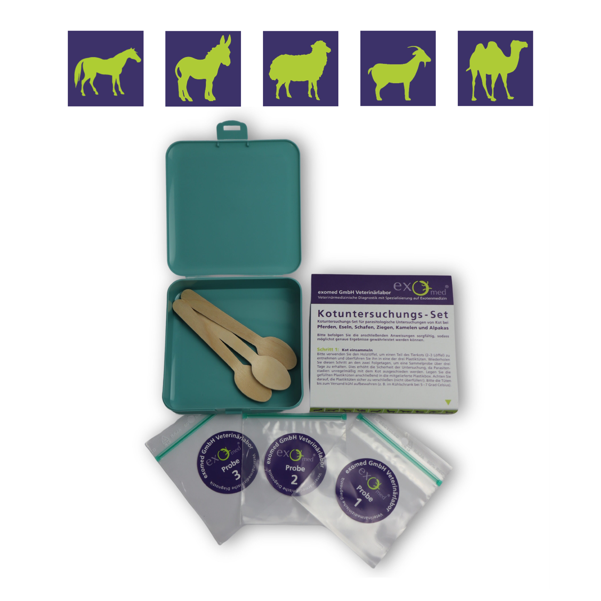 Offenes exomed Kotuntersuchung Testkit für Großtiere zur Parasitenanalyse, mit enthaltenen Probenbehältern und Anleitungen