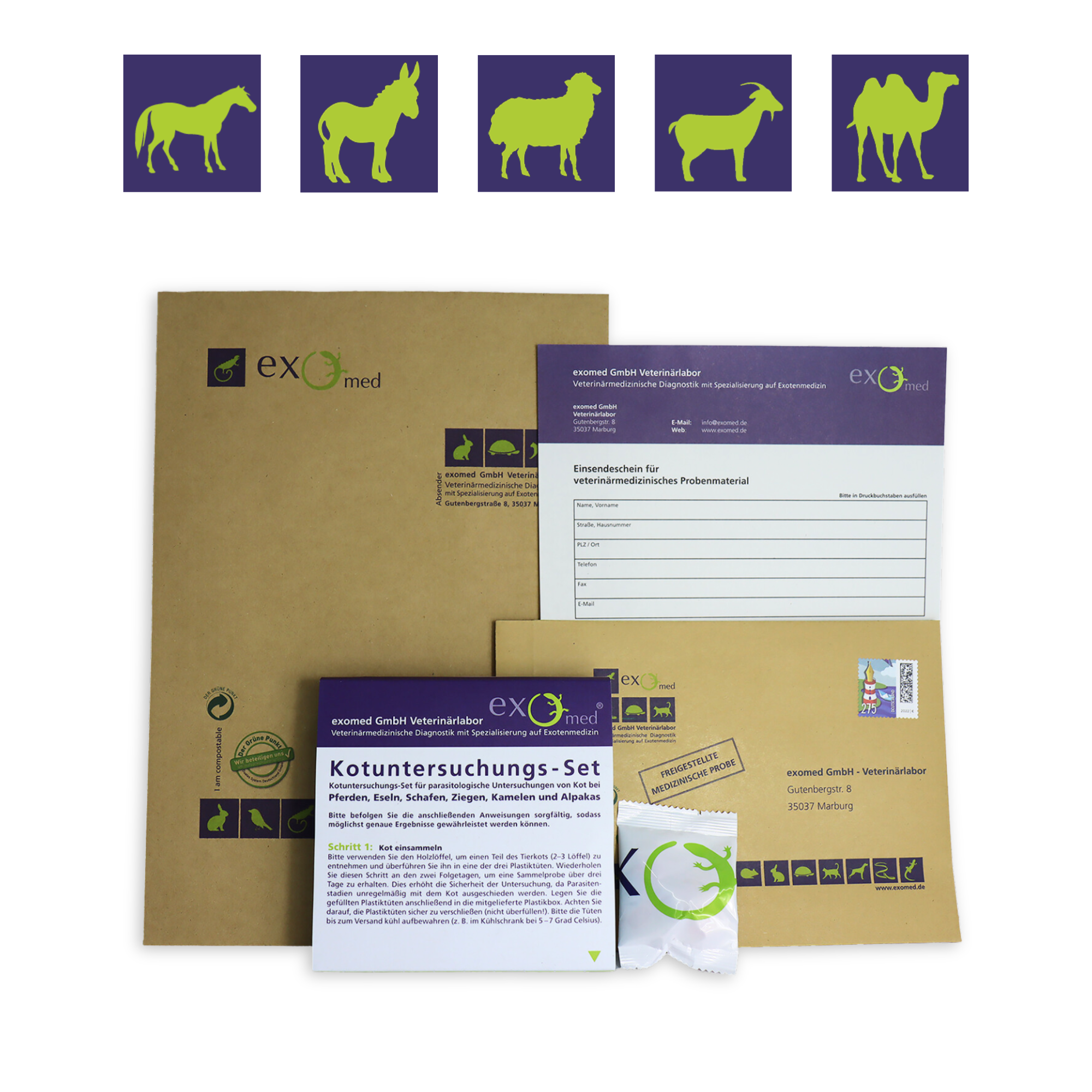 Einfache Kotuntersuchung beim Haustier von zu Hause aus mit exomed: Das Set enthält alles, was Sie für die Probenentnahme benötigen: Das notwendige Zubehör sowie eine ausführliche Anleitung, wie und wann eine Untersuchung gemacht werden sollte.