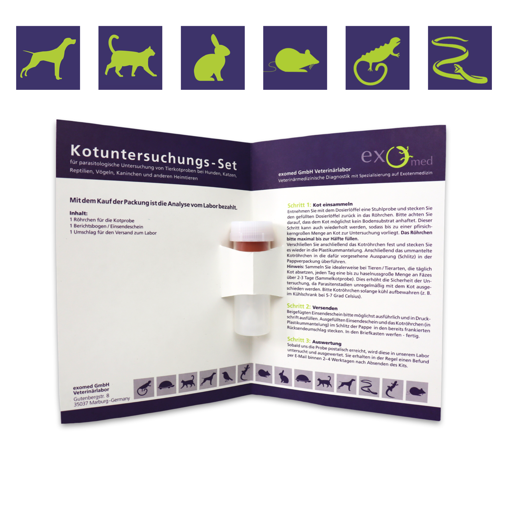 Einfache Kotuntersuchung beim Haustier von zu Hause aus mit exomed: Das Set enthält alles, was Sie für die Probenentnahme benötigen: Das notwendige Zubehör sowie eine ausführliche Anleitung, wie und wann eine Untersuchung gemacht werden sollte.