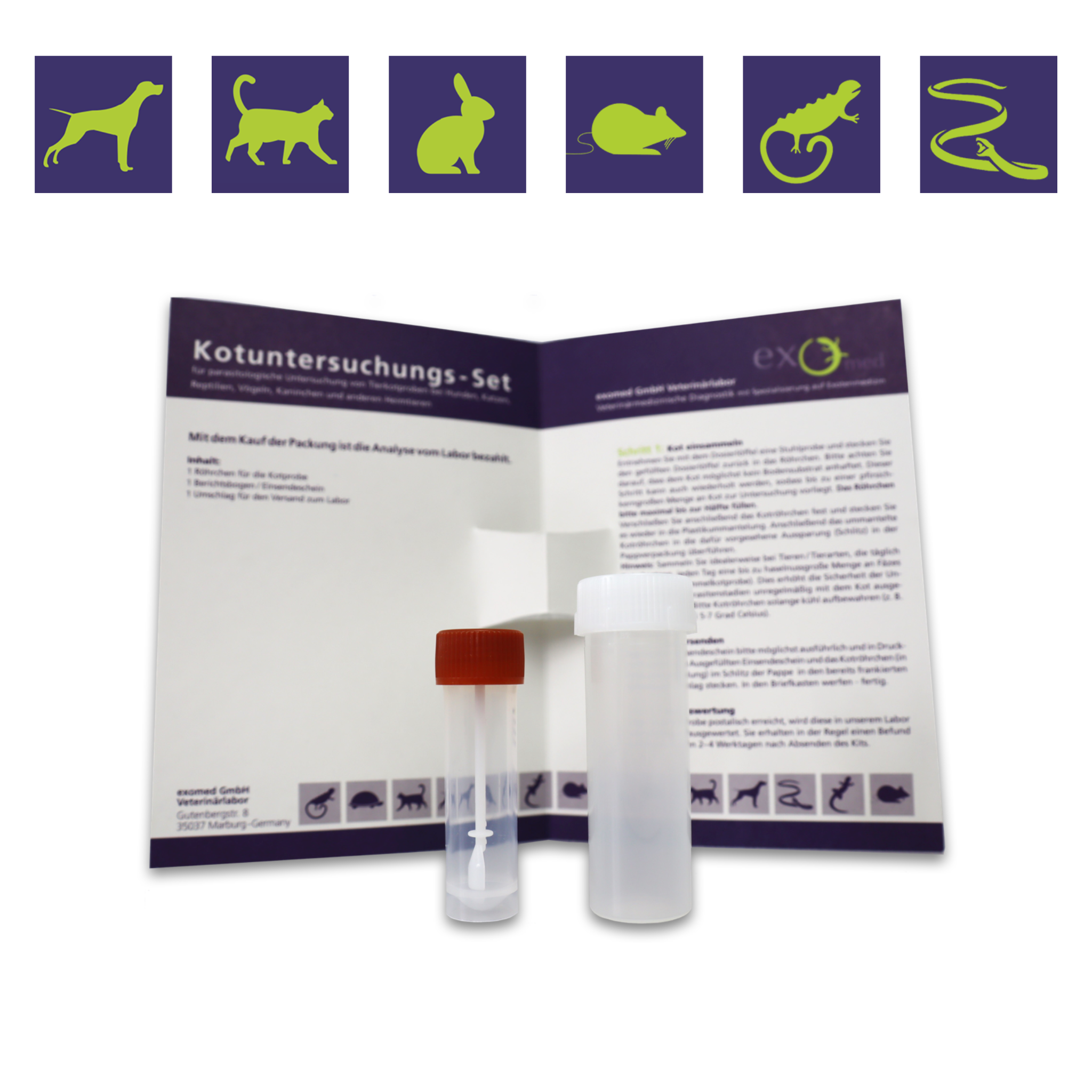 Einfache Kotuntersuchung beim Haustier von zu Hause aus mit exomed: Das Set enthält alles, was Sie für die Probenentnahme benötigen: Das notwendige Zubehör sowie eine ausführliche Anleitung, wie und wann eine Untersuchung gemacht werden sollte.