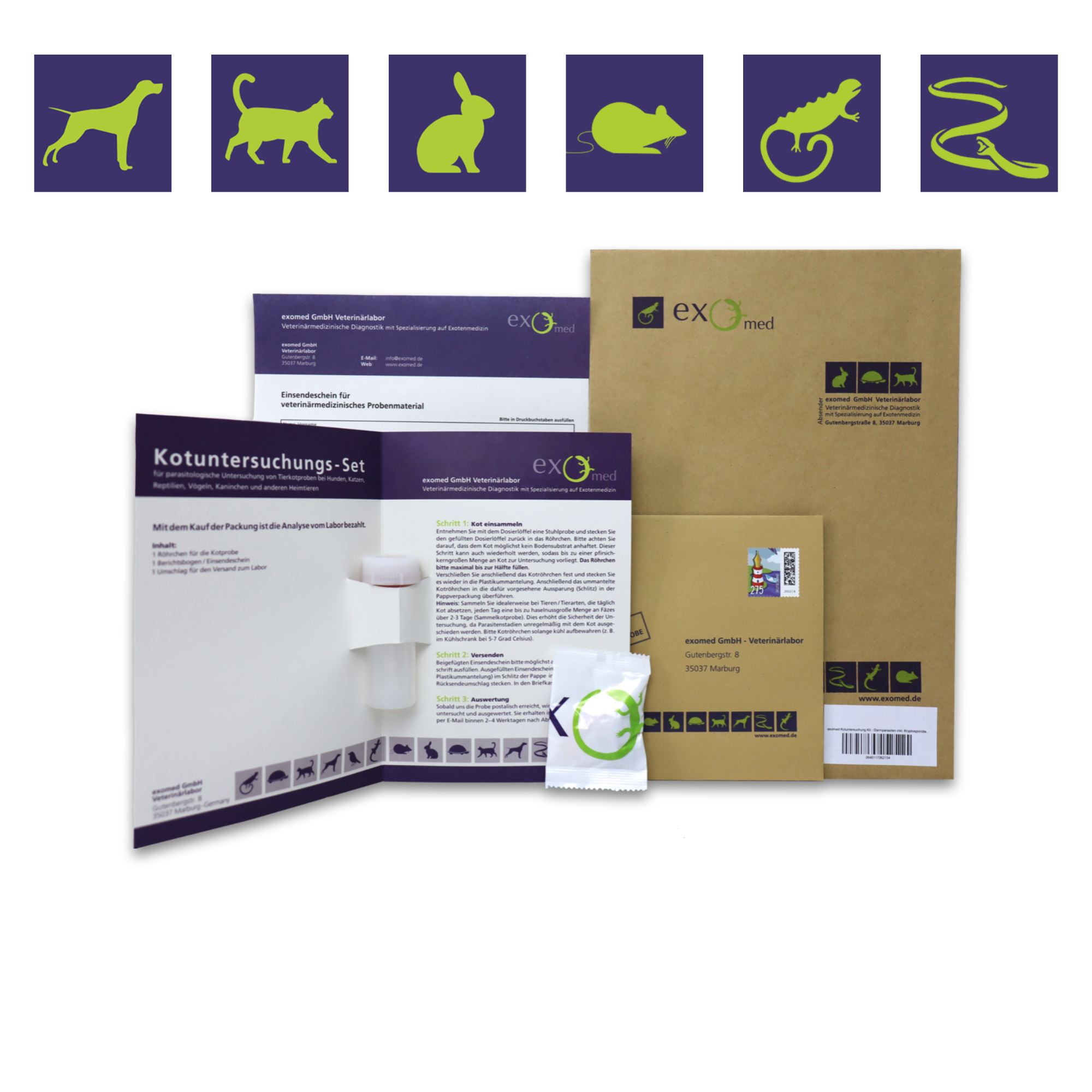 Einfache Kotuntersuchung beim Haustier von zu Hause aus mit exomed: Das Set enthält alles, was Sie für die Probenentnahme benötigen: Das notwendige Zubehör sowie eine ausführliche Anleitung, wie und wann eine Untersuchung gemacht werden sollte.
